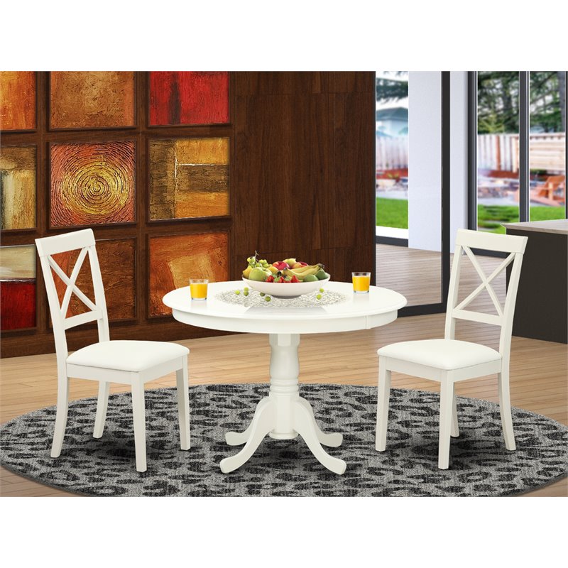 Pemberly Row 3-Piece Wood Dining Set with Leather Chairs in Linen White