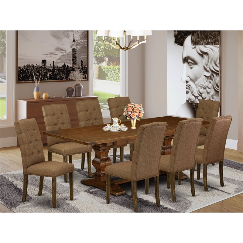 Pemberly Row 9-Piece Wood Dining Set in Walnut with Brown Beige Chairs
