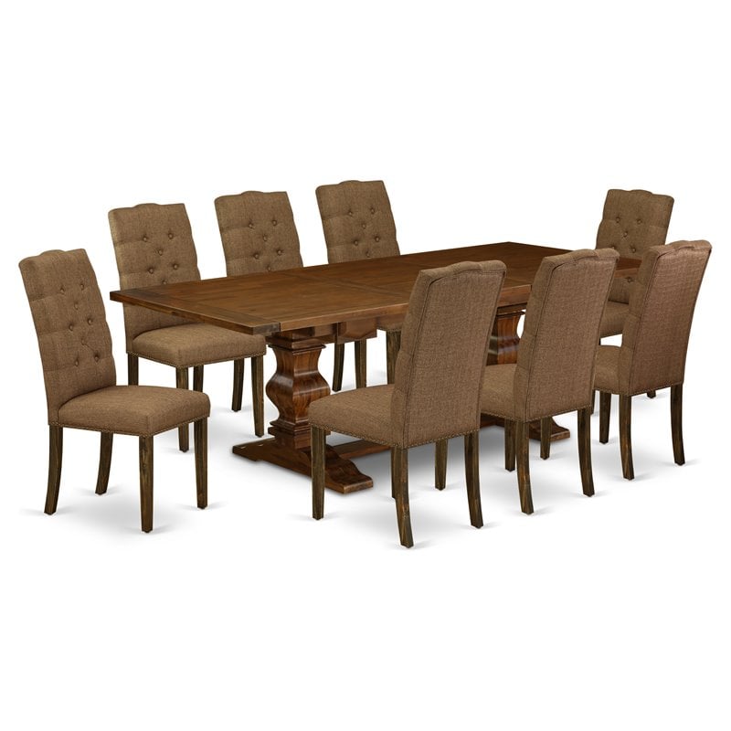Pemberly Row 9-Piece Wood Dining Set in Walnut with Brown Beige Chairs