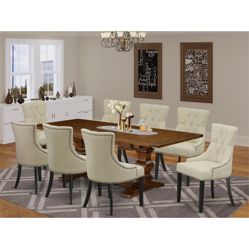 Pemberly Row 9-Piece Rubberwood Dining Set in Walnut and Light Beige