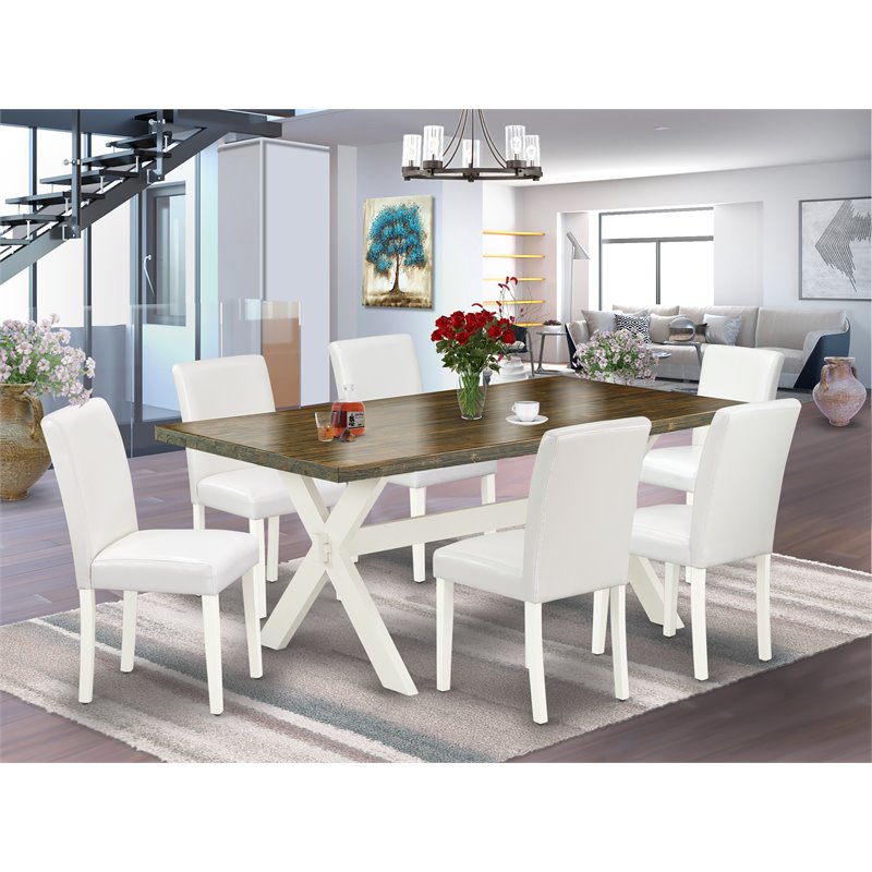 Pemberly Row 7-Piece Wood Dining Set with Table and White Leather Chairs
