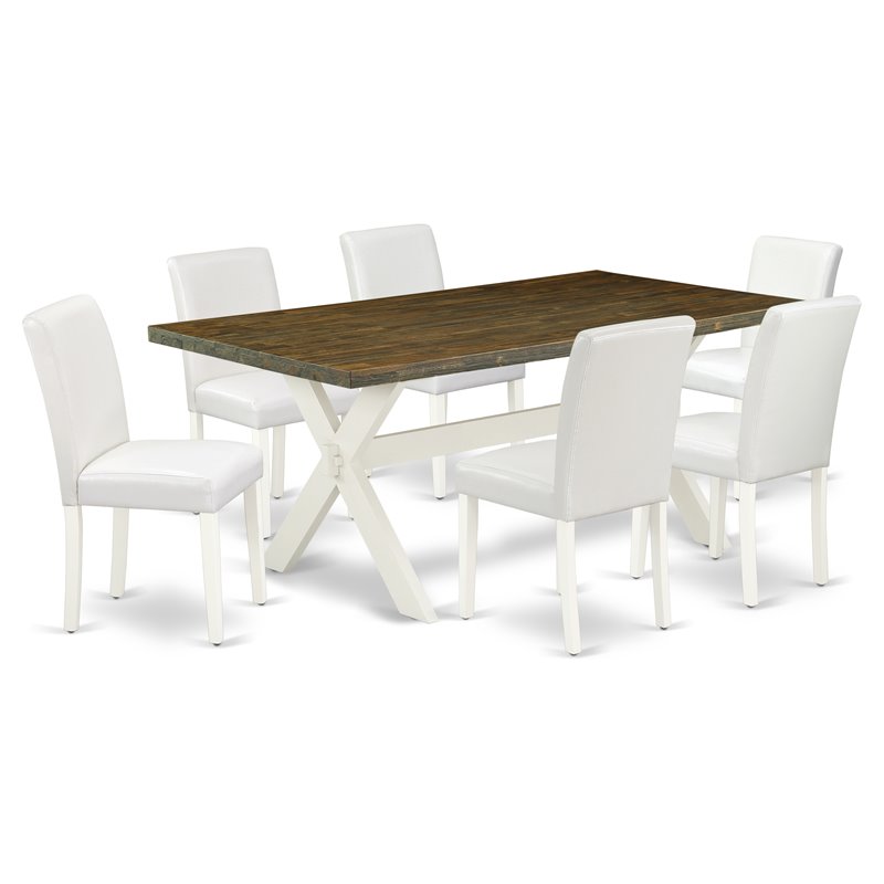 Pemberly Row 7-Piece Wood Dining Set with Table and White Leather Chairs