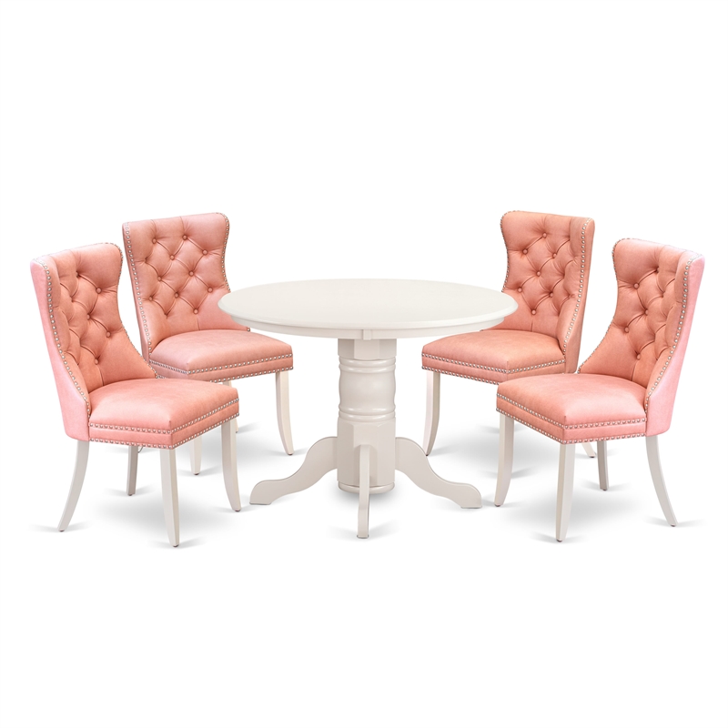 Pemberly Row 5-Piece Round Kitchen Set in Linen White with Beige Red Chairs
