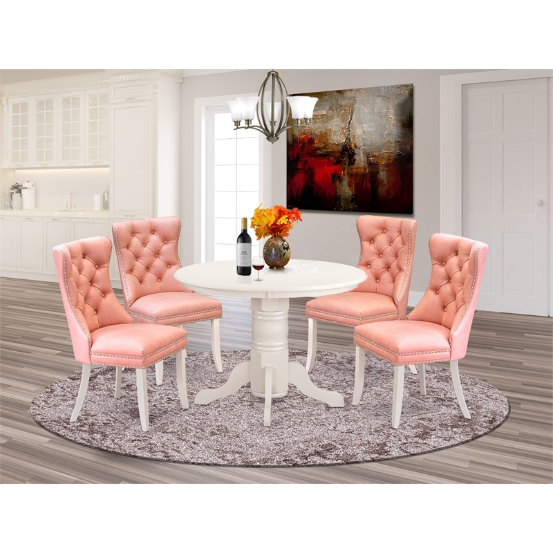 Pemberly Row 5-Piece Round Kitchen Set in Linen White with Beige Red Chairs