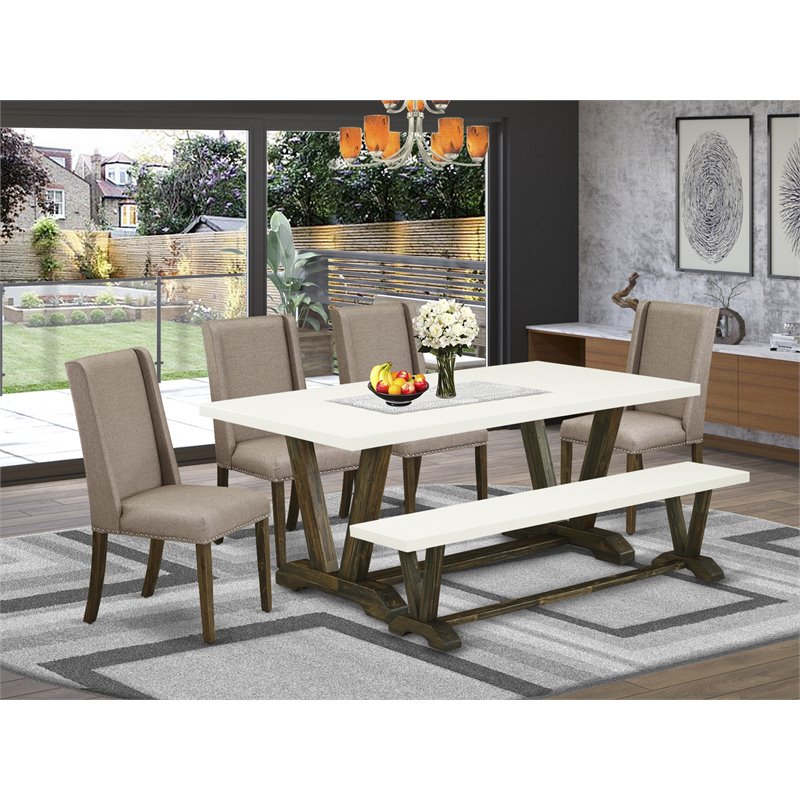 Pemberly Row V-Style 6-Piece Wood Dining Set with Multi-Color Linen Seat