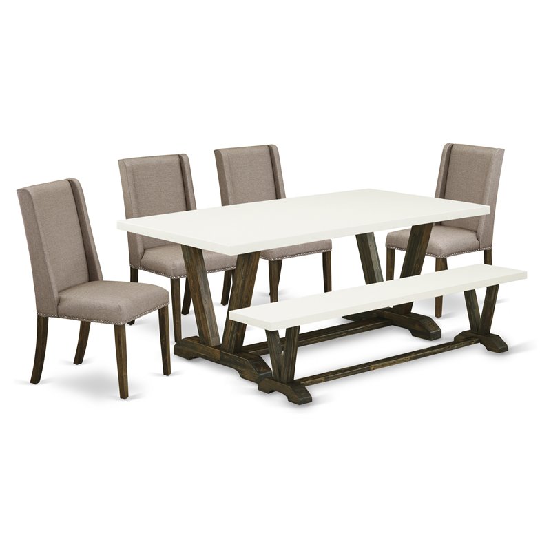 Pemberly Row V-Style 6-Piece Wood Dining Set with Multi-Color Linen Seat