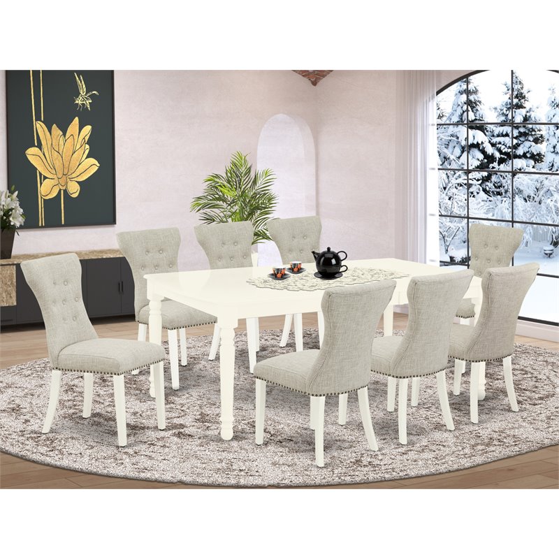 Pemberly Row 9-Piece Dining Set with Linen White Table and Doeskin Chairs