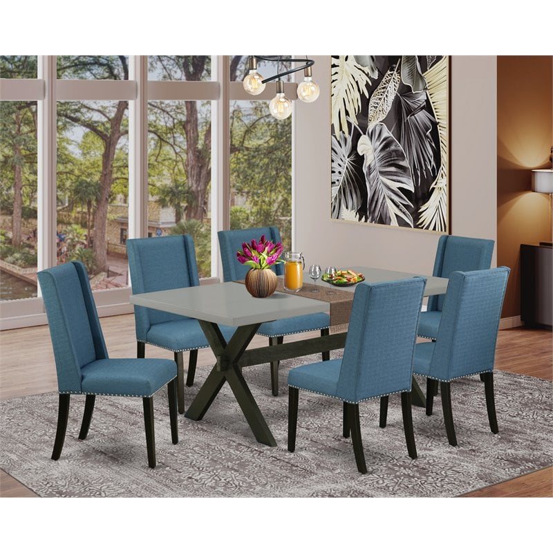 Pemberly Row 7-Piece Wood Kitchen Table Set in Gray Blue with Linen Fabric