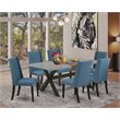 Pemberly Row 7-Piece Wood Kitchen Table Set in Gray Blue with Linen Fabric