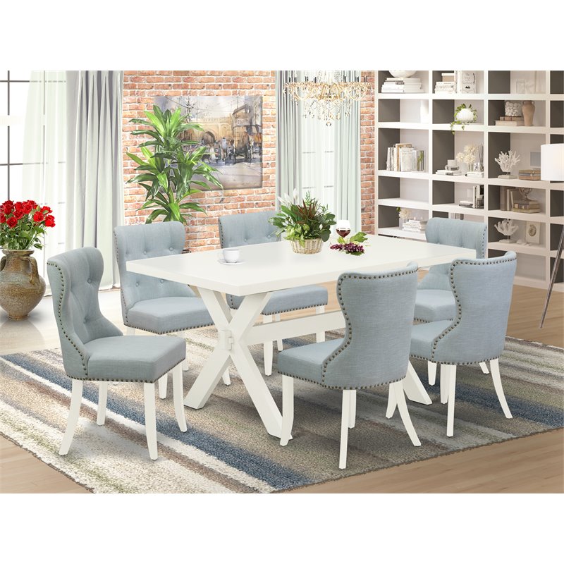 Pemberly Row 7-Piece Wood Dining Set with Linen Seat in Baby Blue