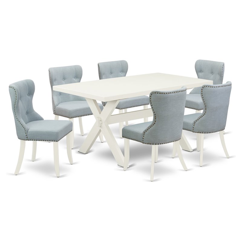 Pemberly Row 7-Piece Wood Dining Set with Linen Seat in Baby Blue