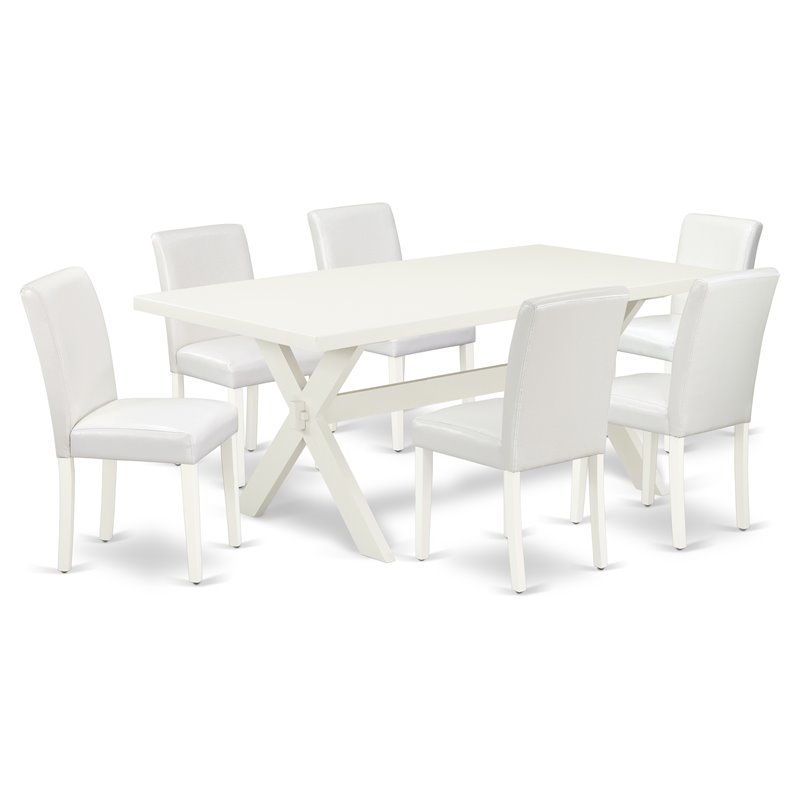 Pemberly Row X-Style 7-Piece Wood Dining Set with Leather Seats in White