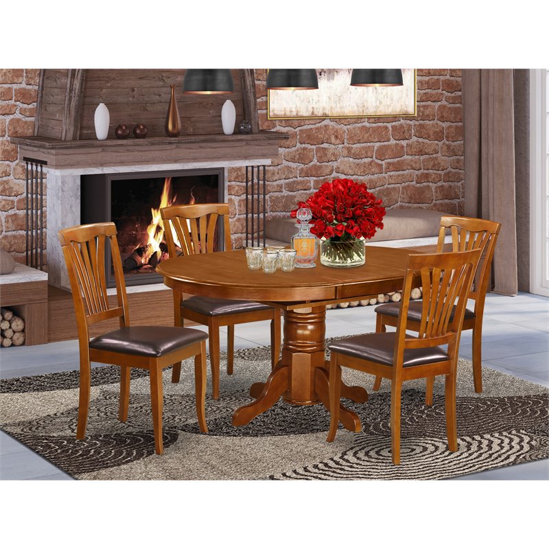 Pemberly Row 5-Piece Dining Set with Saddle Brown Table and Leather Chairs