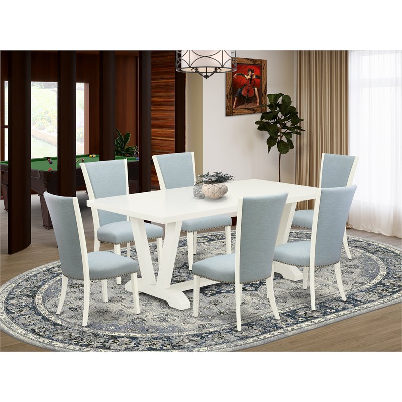 Pemberly Row V-Style 7-Piece Dining Table Set in Linen White and Baby Blue