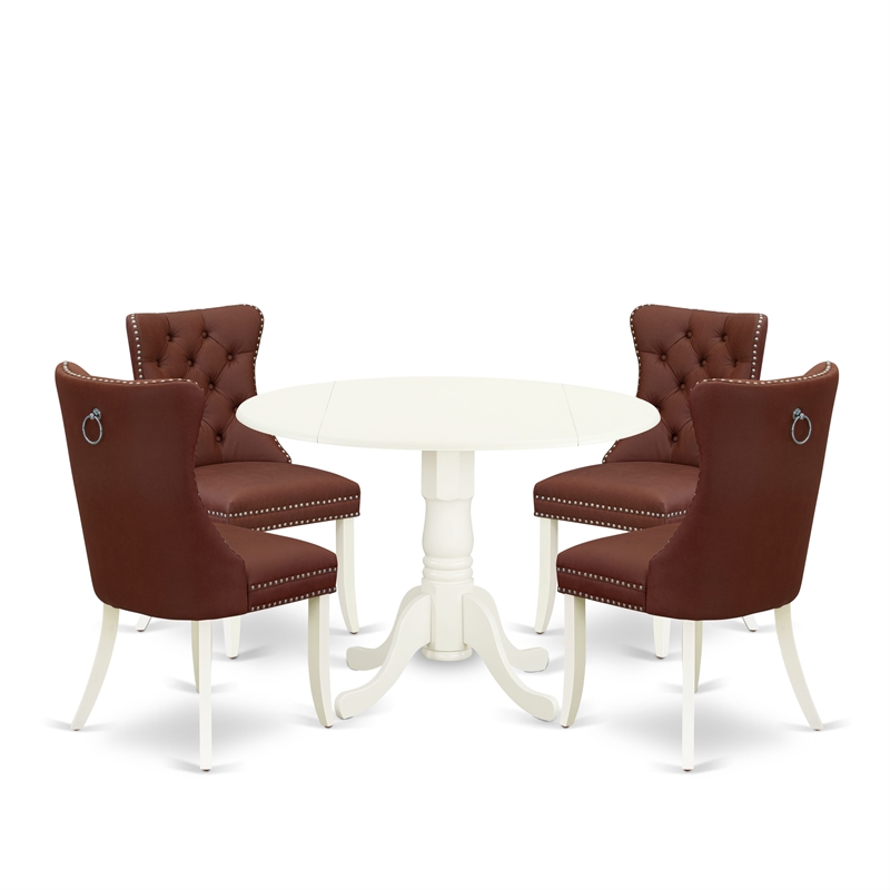 Pemberly Row Round 5-Piece Dining Set with Drop Leaf and Burgundy Chairs