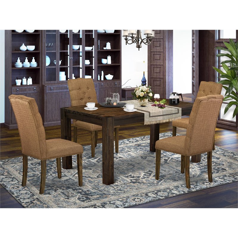 Pemberly Row 5-Piece Wood Dining Set with Linen Fabric Chairs in Jacobean