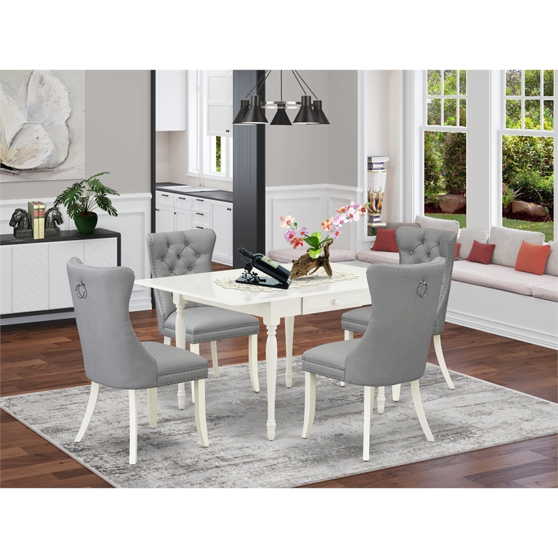 Pemberly Row 5-Piece Drop-Leaf Faux Leather Dining Set in White/Light Gray