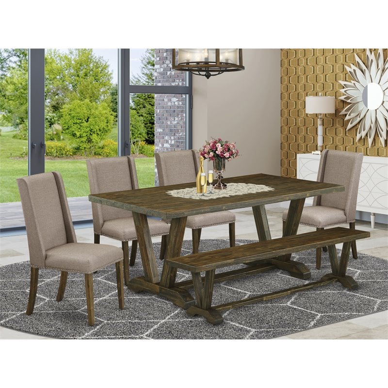 Pemberly Row 6-Piece Distressed Jacobean Dining Set with Dark Khaki Chairs