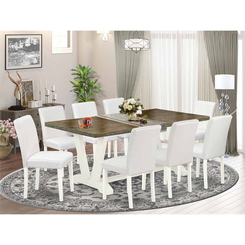 Pemberly Row 9-Piece Dining Set with Rectangular Table and White PU Chairs