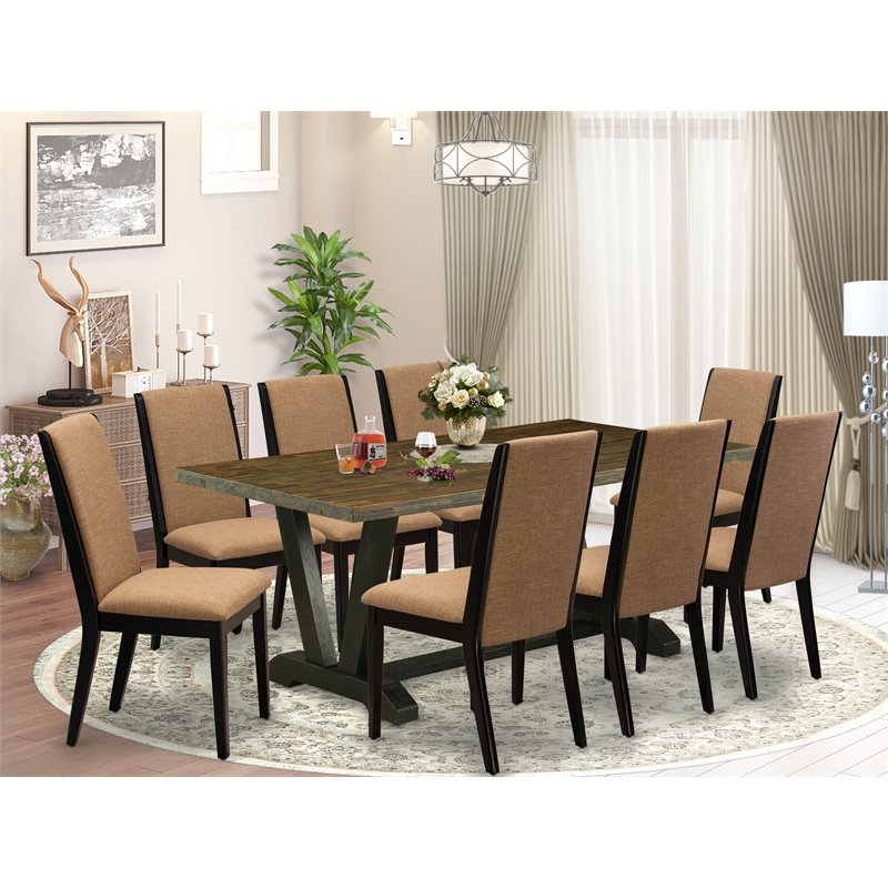 Pemberly Row V-Style 9-Piece Wood Dining Table Set in Black and Multi-Color