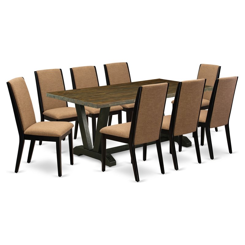 Pemberly Row V-Style 9-Piece Wood Dining Table Set in Black and Multi-Color
