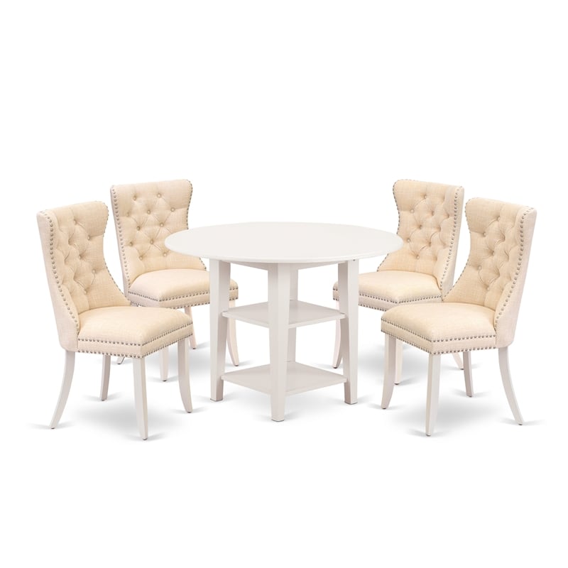 Pemberly Row 5-Piece Table Set with Linen White Finish and Beige Upholstery
