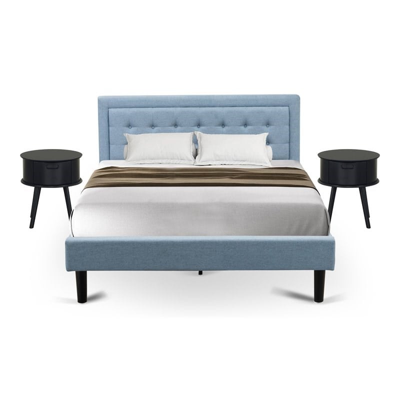 Pemberly Row 3-Piece Wood Bedroom Set with Denim Blue Bed and Nightstands