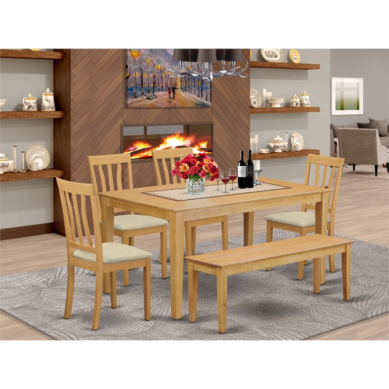 Pemberly Row 6-Piece Oak Wood Dining Set with Bench and Linen Chairs