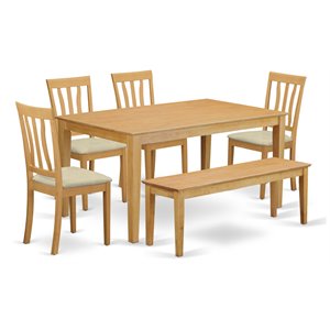 Pemberly Row 6-Piece Oak Wood Dining Set with Bench and Linen Chairs