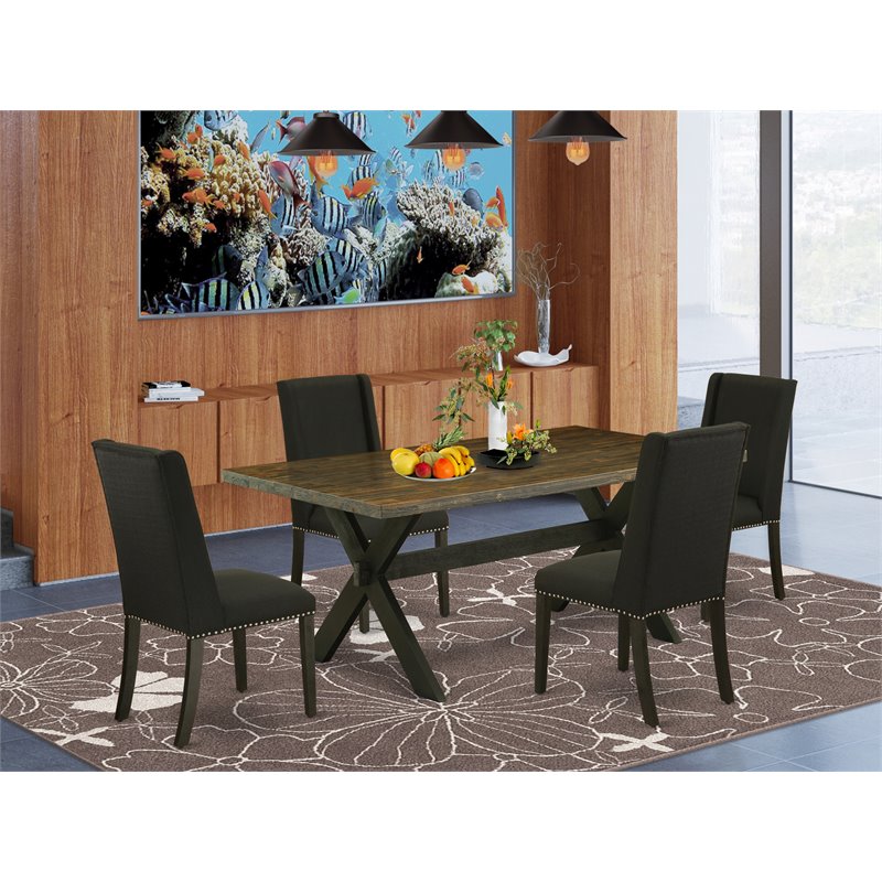 Pemberly Row 5-Piece Wire Brushed Black Wood Dining Set with Linen Chairs