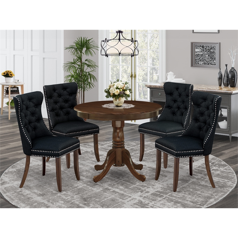 Pemberly Row 5-Piece Dining Table Set in Walnut Finish with Black Chairs