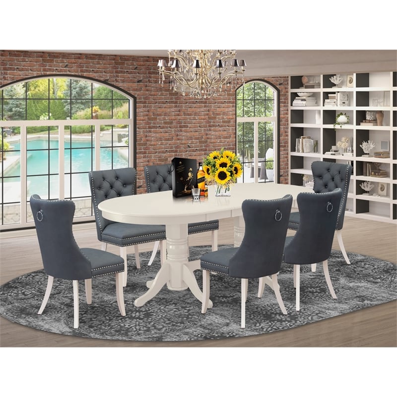 Pemberly Row 7-Piece Oval Dining Table Set in Linen White & Platinum Gray