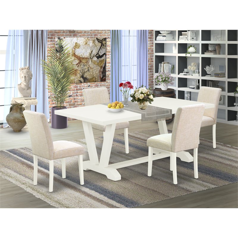 Pemberly Row 5-Piece Dining Set with Rubberwood Construction in Linen White