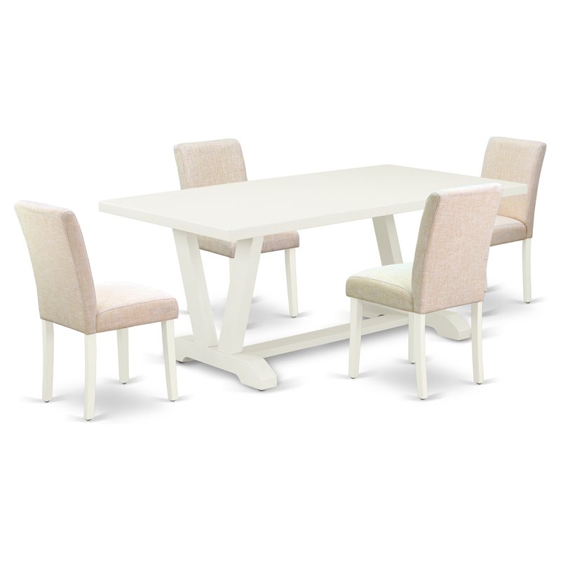 Pemberly Row 5-Piece Dining Set with Rubberwood Construction in Linen White