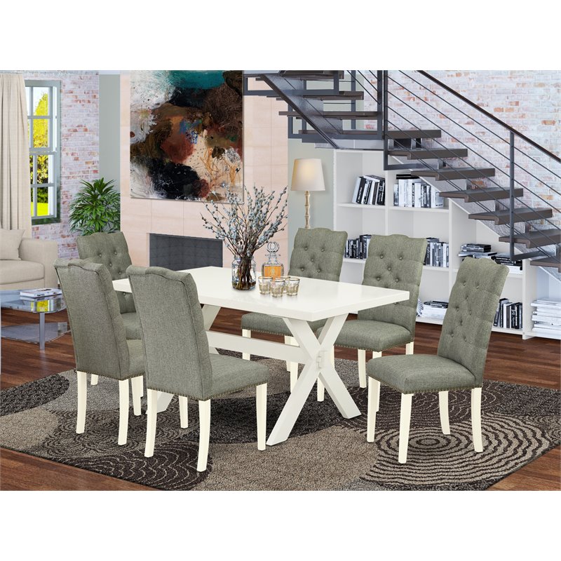 Pemberly Row 7-Piece Rubber Wood Dining Set in Gray with Linen Fabric