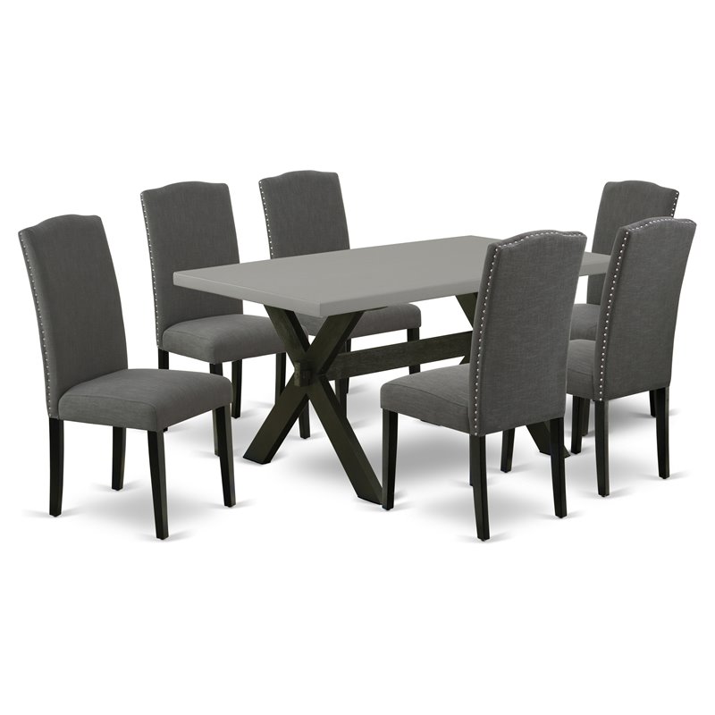 Pemberly Row X-Style 7-Piece Wood Dining Set in Dark Gotham Gray and Cement