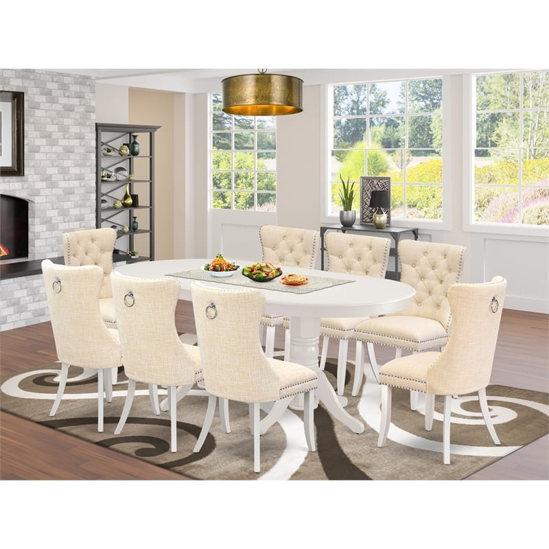 Pemberly Row 9-Piece Oval Dining Set with Butterfly Leaf in Linen White