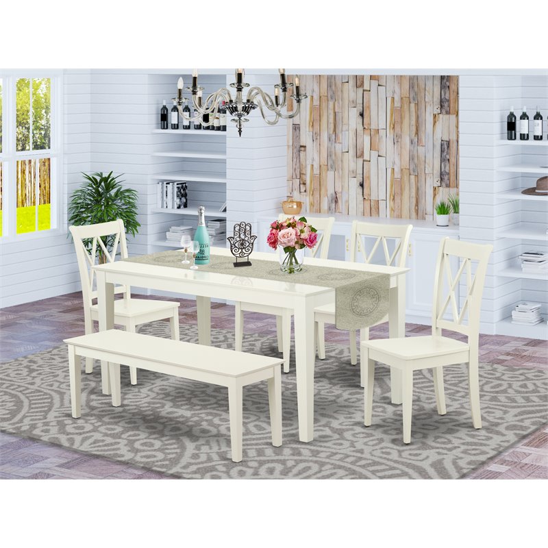 Pemberly Row 6-Piece Wood Dining Set with Bench in Linen White