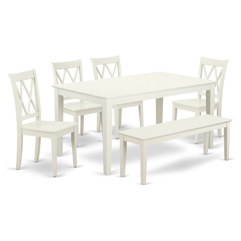 Pemberly Row 6-Piece Wood Dining Set with Bench in Linen White