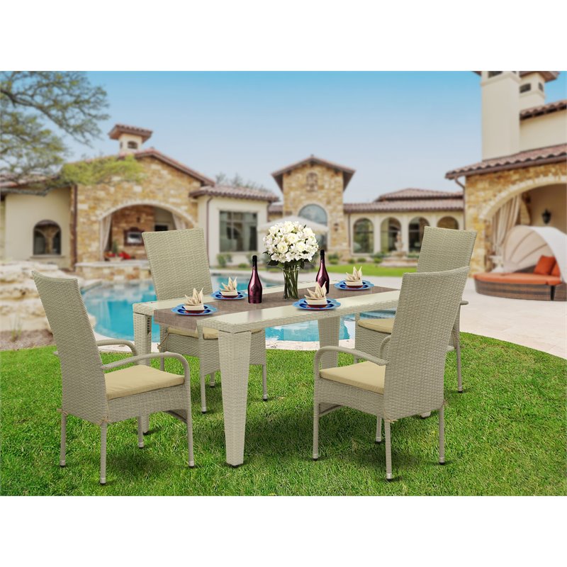 Pemberly Row 5-Piece Metal Patio Set with Natural Wicker and Armchairs