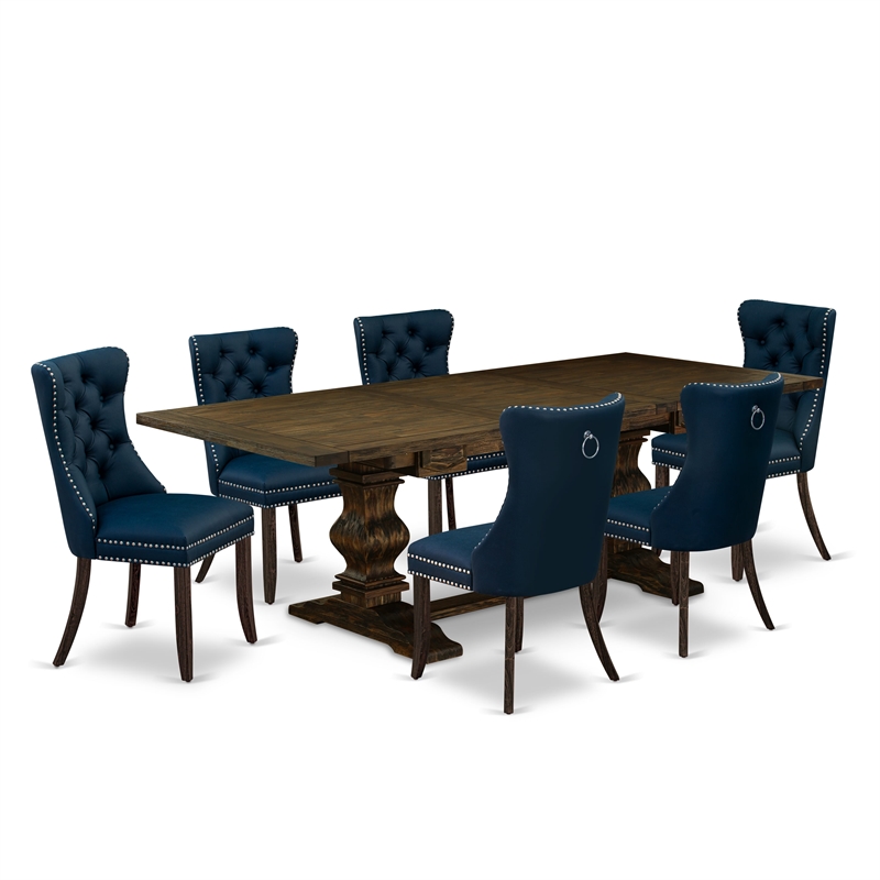 Pemberly Row 7-Piece Dining Set with Distressed Jacobean & Blue Chairs