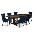 Pemberly Row 7-Piece Dining Set with Distressed Jacobean & Blue Chairs