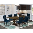 Pemberly Row 7-Piece Dining Set with Distressed Jacobean & Blue Chairs