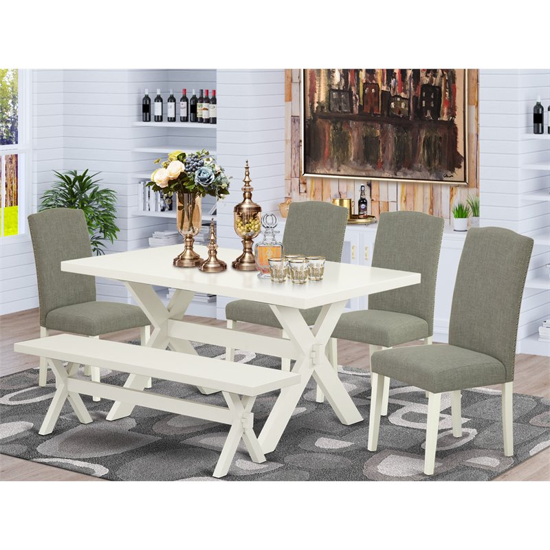 Pemberly Row 6-Piece Wood Dining Set with Bench in Linen White/Dark Shitake