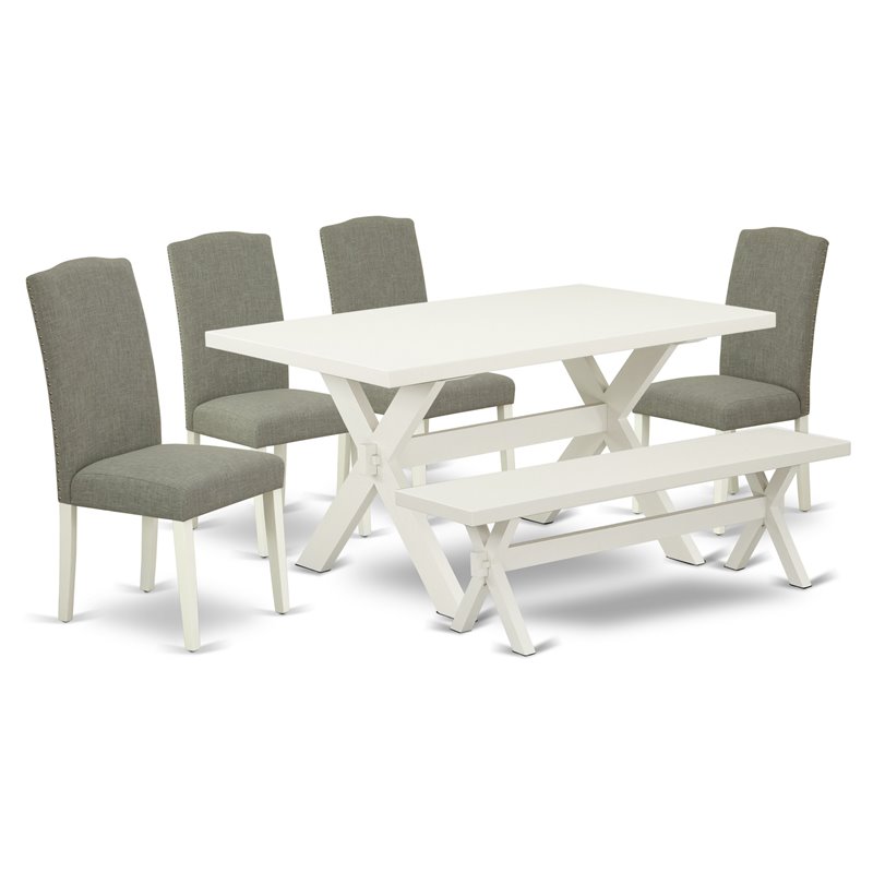 Pemberly Row 6-Piece Wood Dining Set with Bench in Linen White/Dark Shitake
