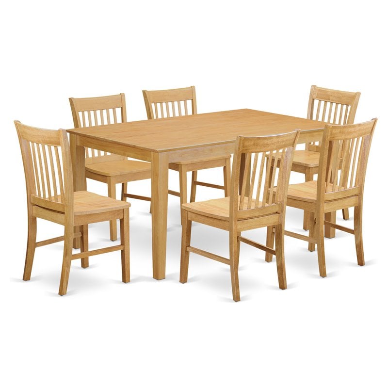 Pemberly Row 7-Piece Wood Dining Set with Slat Back Chairs in Oak