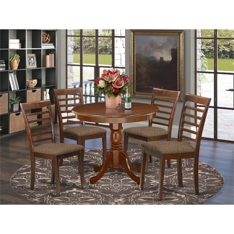 Pemberly Row 5-Piece Round Wood Dining Set in Mahogany with Linen Seats