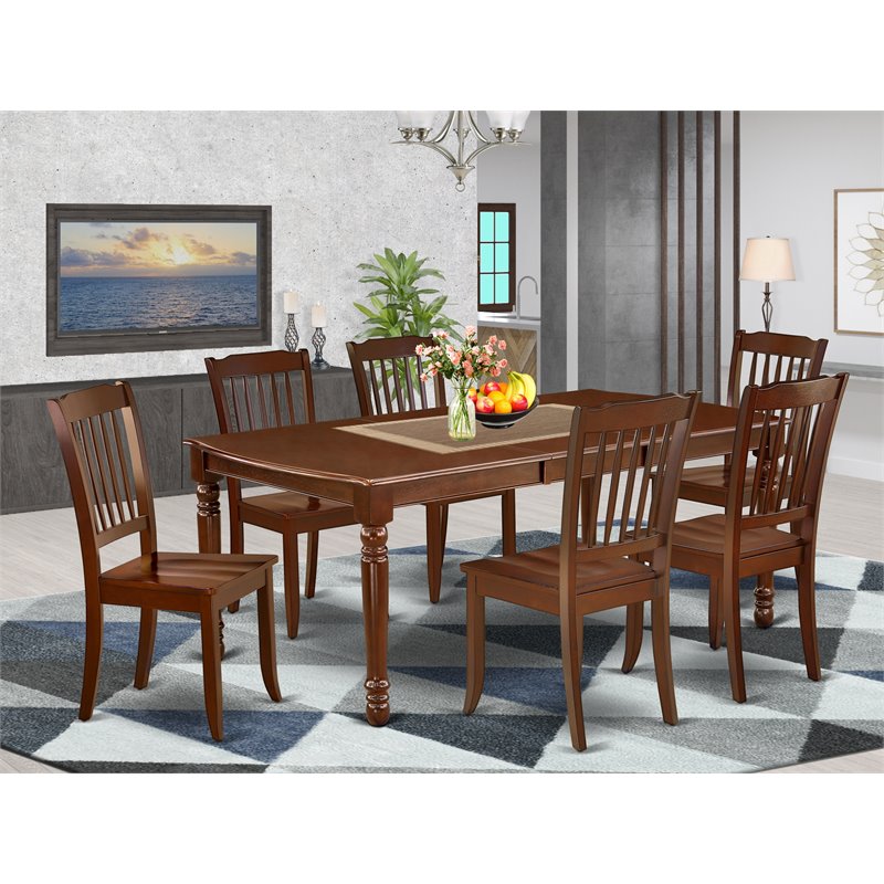 Pemberly Row 7-Piece Dining Set with Slatted Chairs in Mahogany Finish