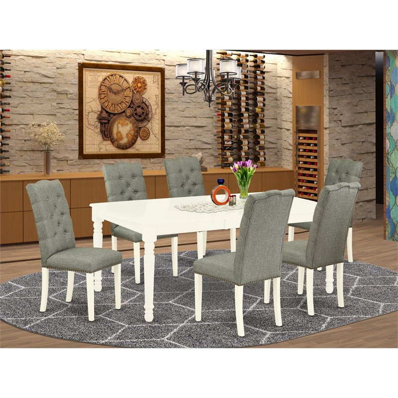 Pemberly Row 7-Piece Dining Table Set in Wood and Linen White Finish