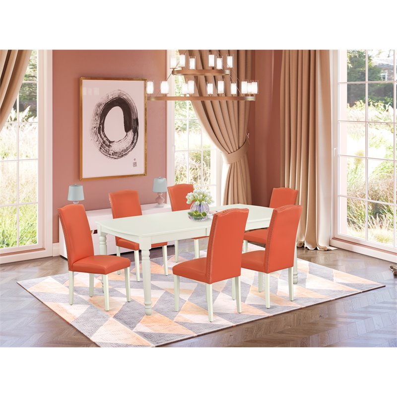 Pemberly Row 7-Piece Dining Set in Linen White with Pink Flamingo Chairs